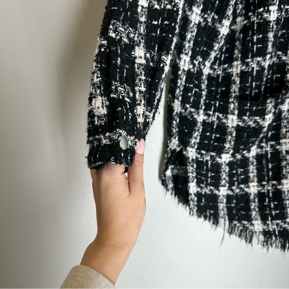 ZARA Tweed Plaid Raw Hem Shirt Jacket Shacket Black White Snap Buttons Size XS - Picture 11 of 11